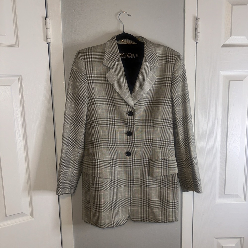 VTG ESCADA Grey Plaid Blazer Jacket Single Breasted Size 34